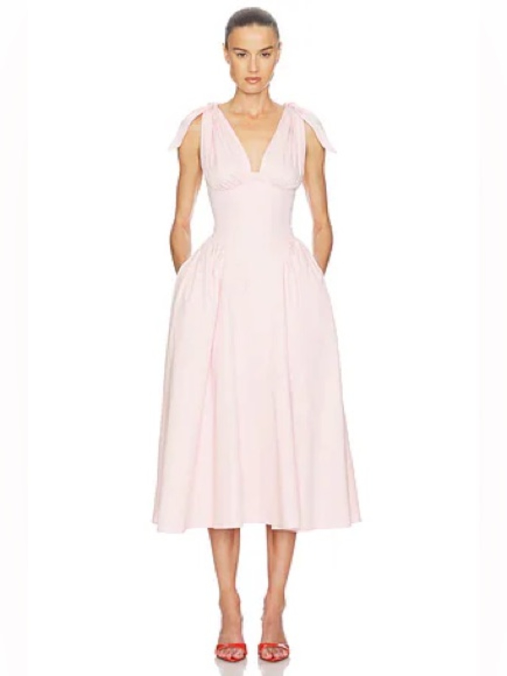 Helsa Dusty Pink Stretch Cotton Sateen Bow Shoulder Midi Dress REVOLVE